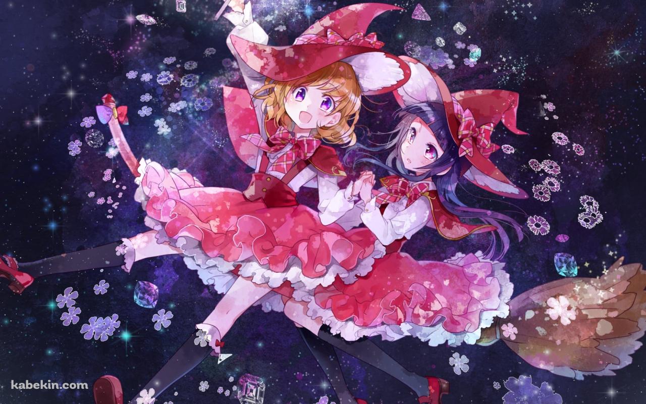 ホウキに乗って宇宙で飛ぶ朝日奈みらいと十六夜リコ / 魔法つかいプリキュア!の壁紙(1280px x 800px) 高画質 PC・デスクトップ用