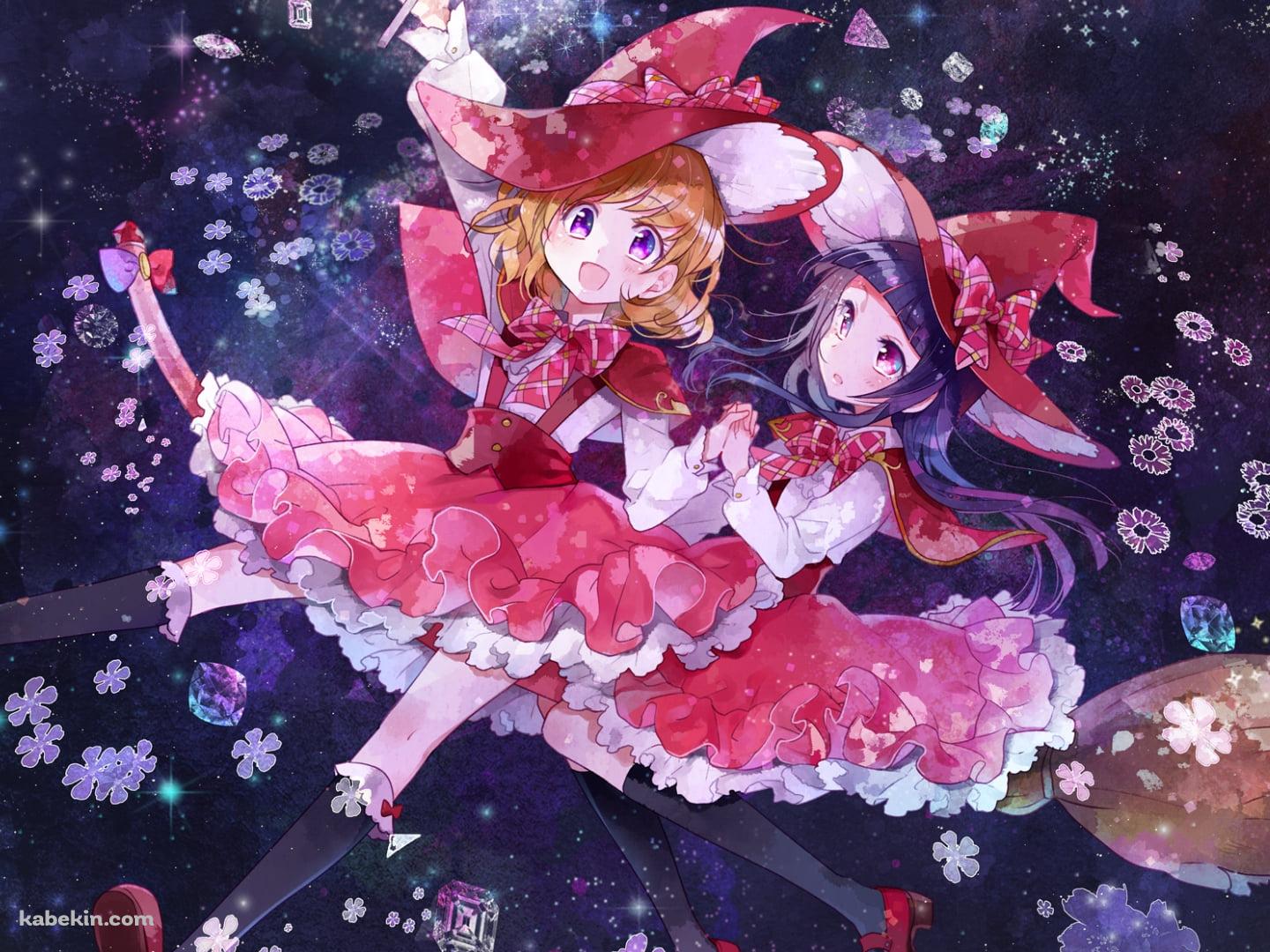 ホウキに乗って宇宙で飛ぶ朝日奈みらいと十六夜リコ / 魔法つかいプリキュア!の壁紙(1440px x 1080px) 高画質 PC・デスクトップ用