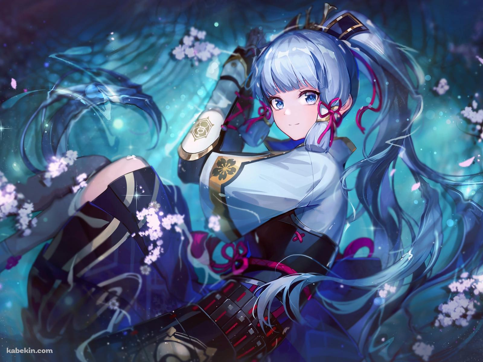 小さな白い花が咲く大地に身を丸める可愛い神里綾華 / 原神の壁紙(1600px x 1200px) 高画質 PC・デスクトップ用