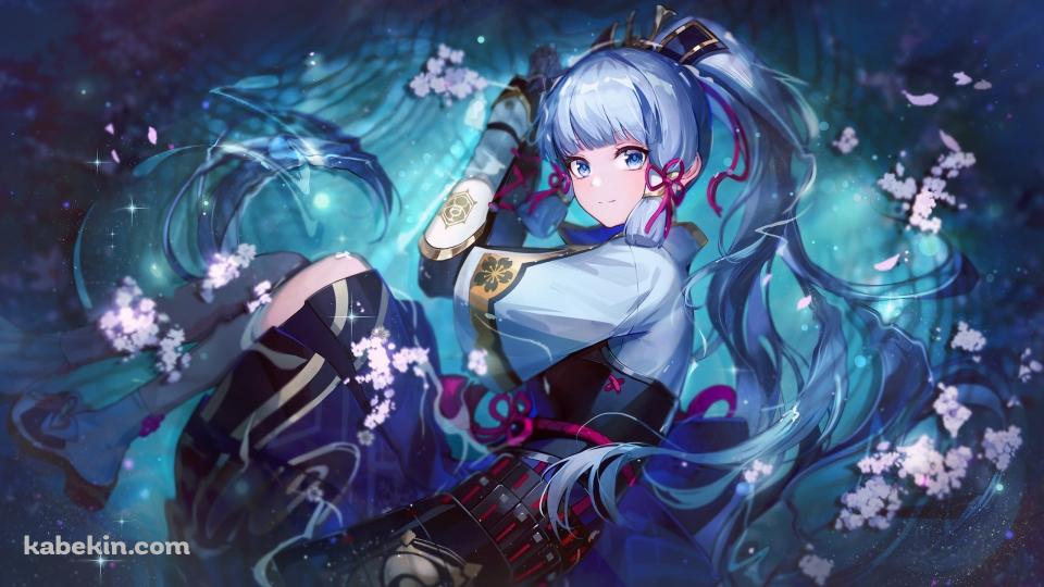 小さな白い花が咲く大地に身を丸める可愛い神里綾華 / 原神の壁紙(960px x 540px) 高画質 PC・デスクトップ用