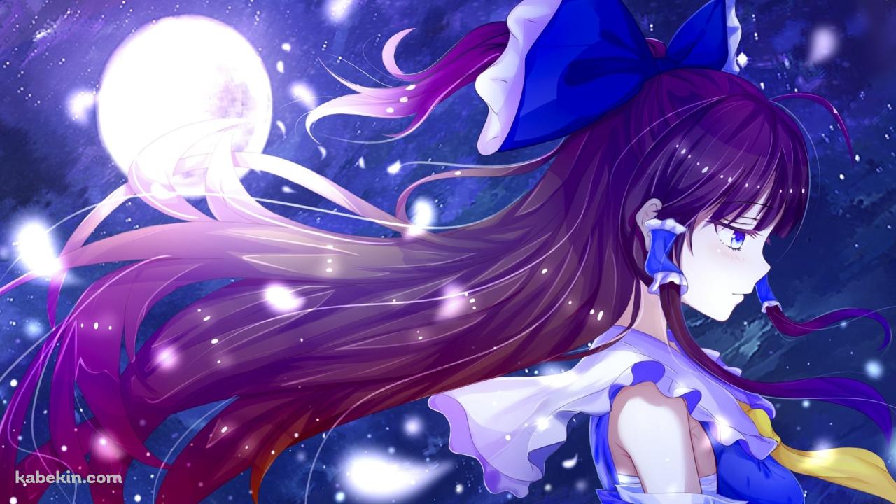 満月と青いリボンを頭につけた博麗霊夢 / 東方の壁紙(1280px x 720px) 高画質 PC・デスクトップ用