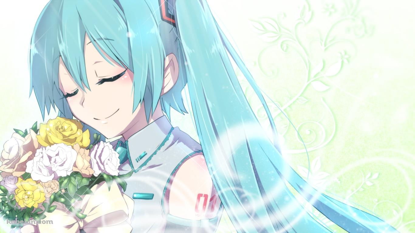 黄色と白の花束を持ち目をつぶる初音ミク / ボカロ / ボーカロイドの壁紙(1366px x 768px) 高画質 PC・デスクトップ用