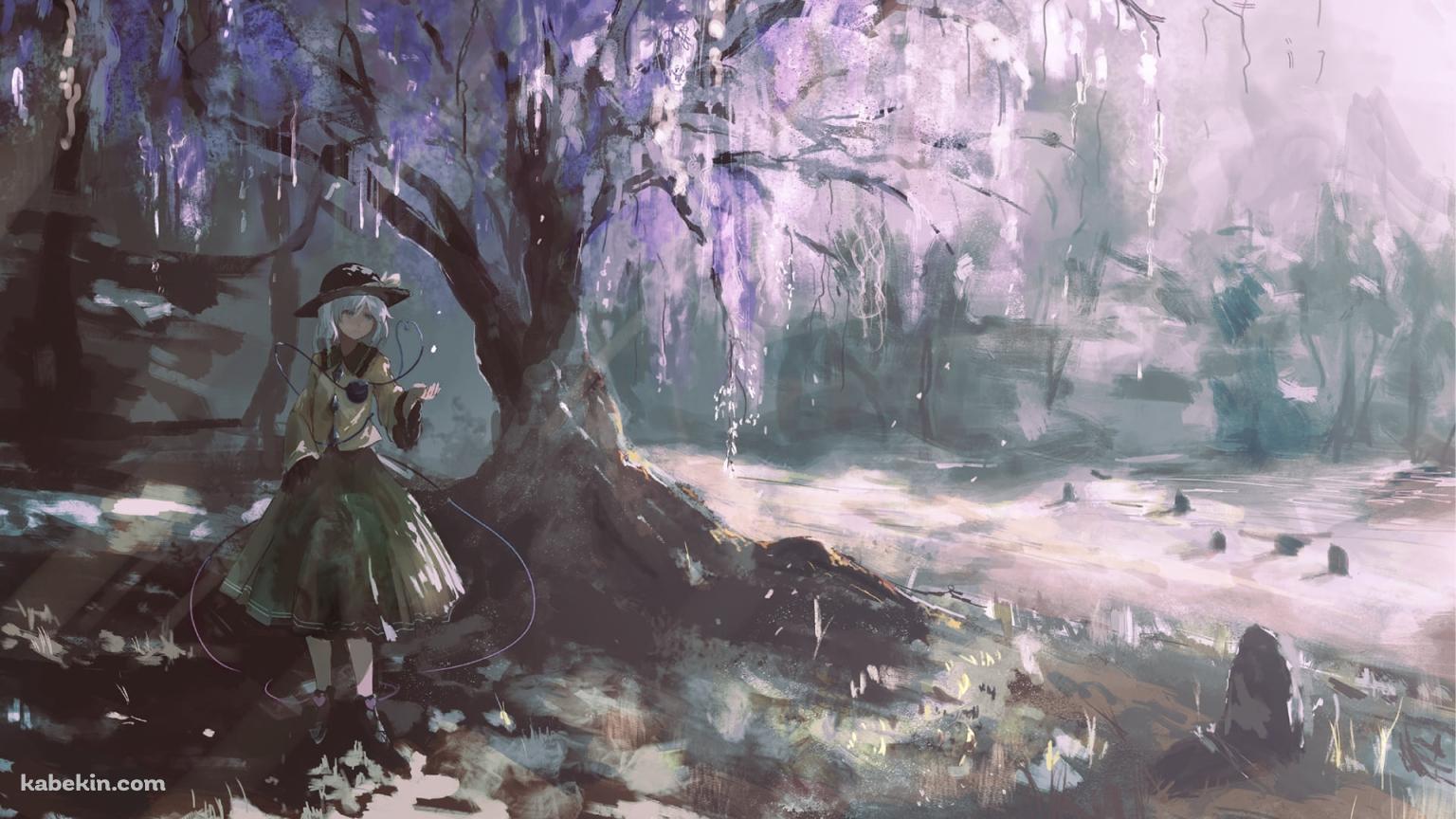 紫の花が咲く木の下に佇む古明地こいし / 東方の壁紙(1536px x 864px) 高画質 PC・デスクトップ用