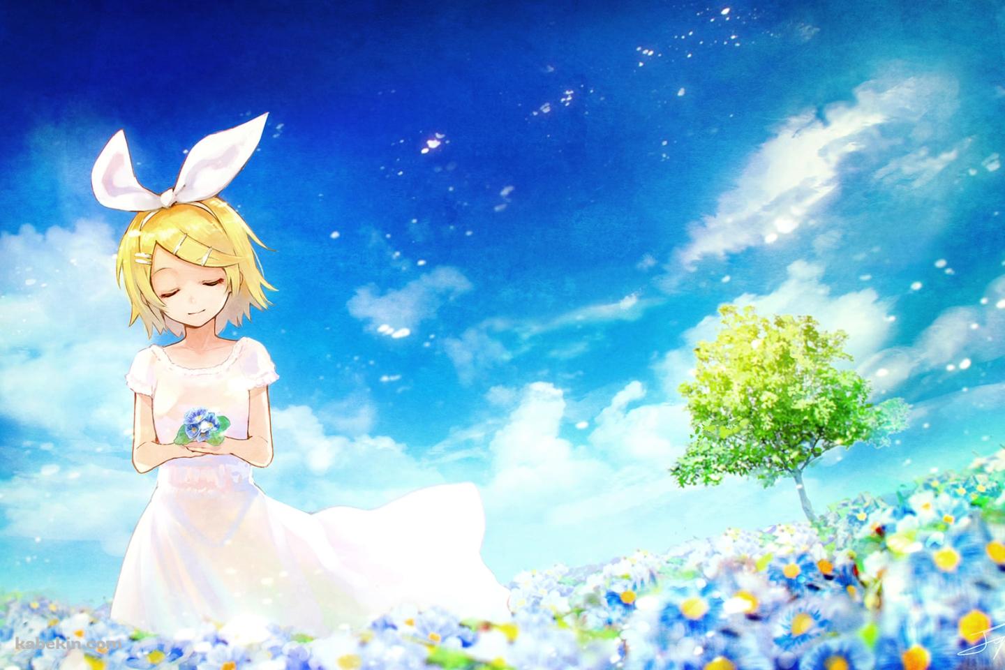 青空の下で青い花を摘む鏡音リン / ボカロ / ボーカロイドの壁紙(1440px x 960px) 高画質 PC・デスクトップ用