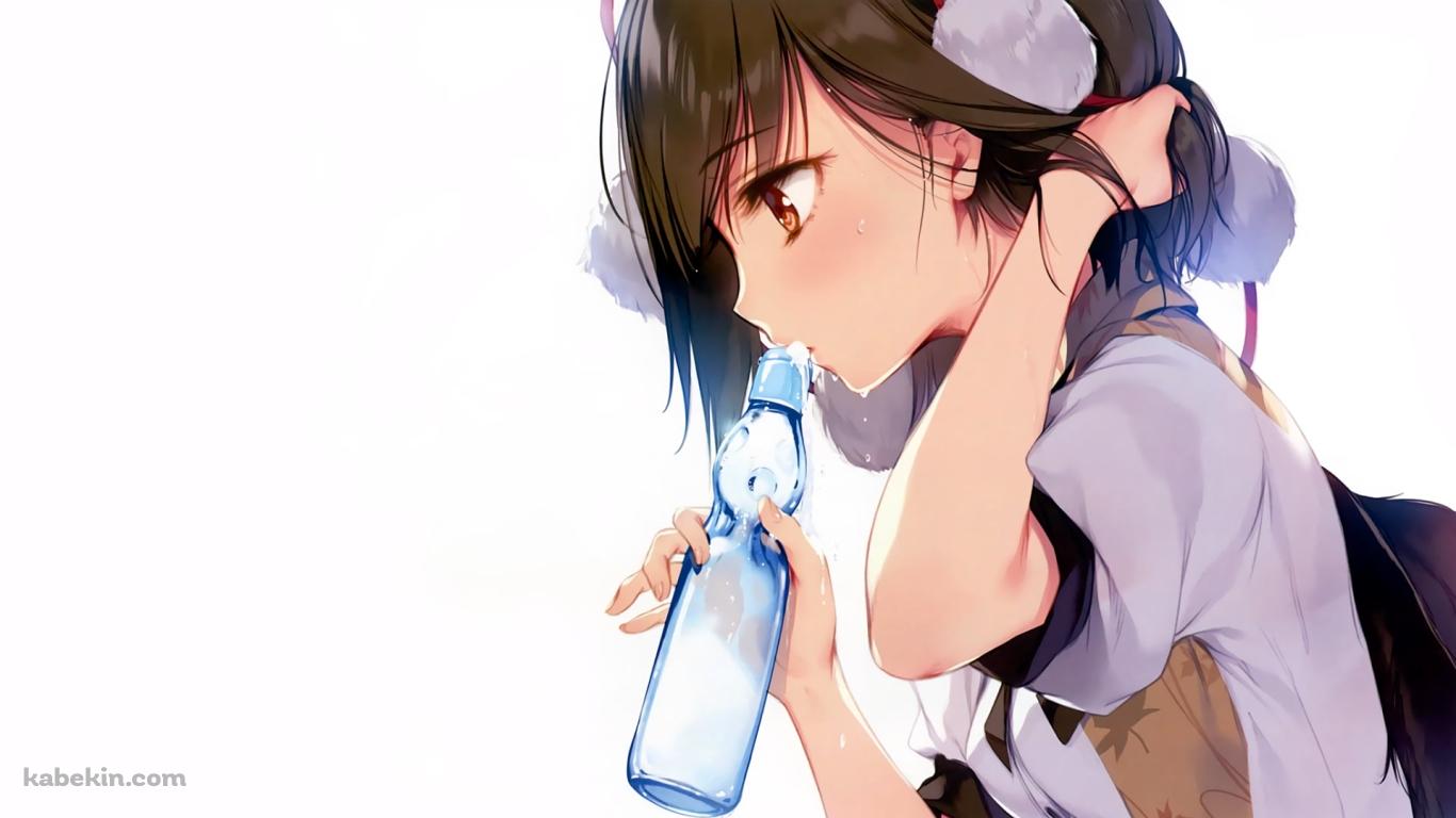 髪をかきあげてラムネを飲む射命丸文 / 東方の壁紙(1366px x 768px) 高画質 PC・デスクトップ用