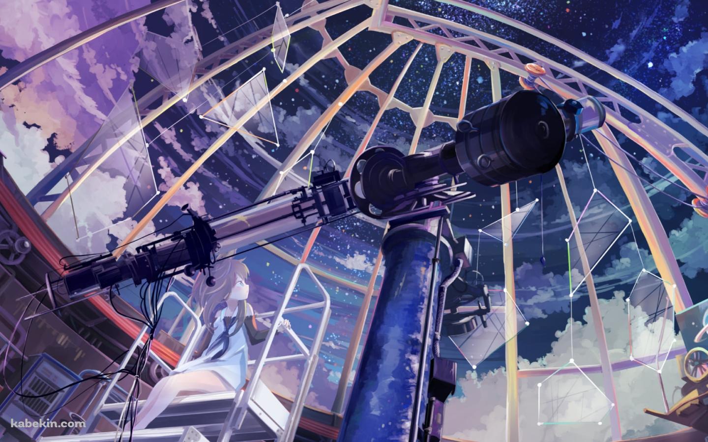 大きな望遠鏡で宇宙を観測する天文台と天を見上げる少女の壁紙(1440px x 900px) 高画質 PC・デスクトップ用