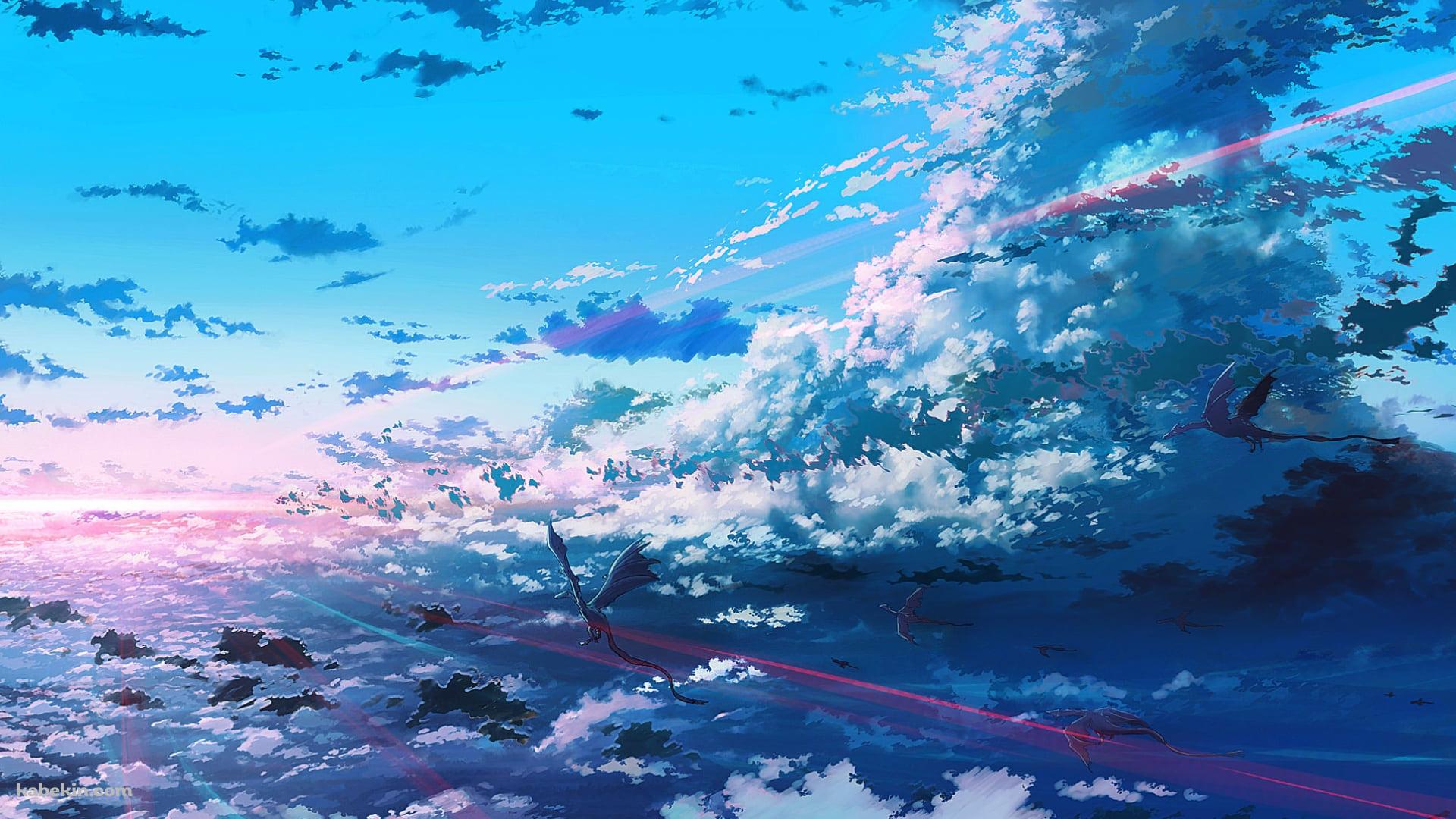 空高く飛翔するドラゴンの群れの壁紙(1920px x 1080px) 高画質 PC・デスクトップ用