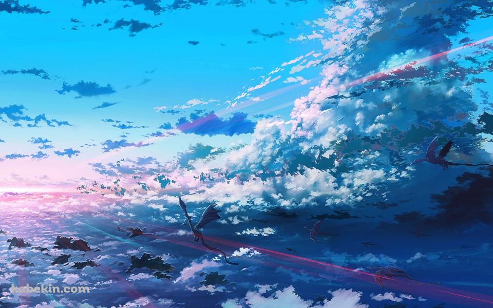空高く飛翔するドラゴンの群れの壁紙(960px x 600px) 高画質 PC・デスクトップ用
