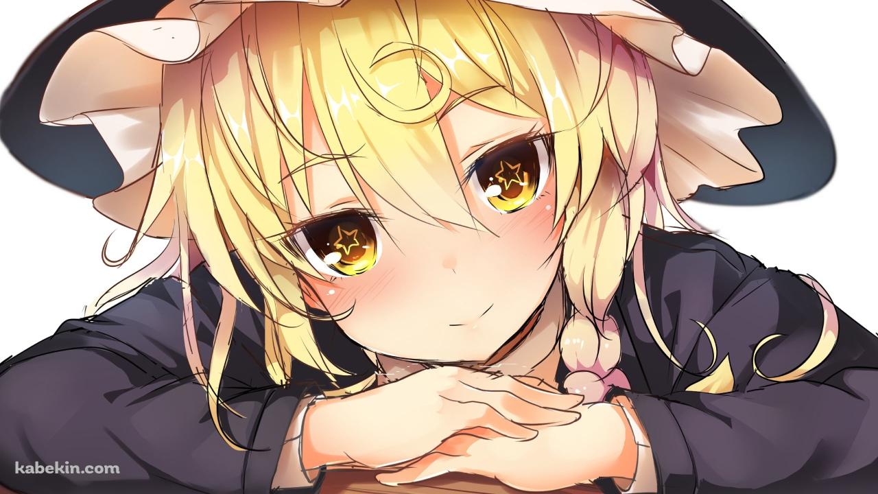 木の机にもたれてこちらを見つめる可愛い霧雨魔理沙 / 東方の壁紙(1280px x 720px) 高画質 PC・デスクトップ用