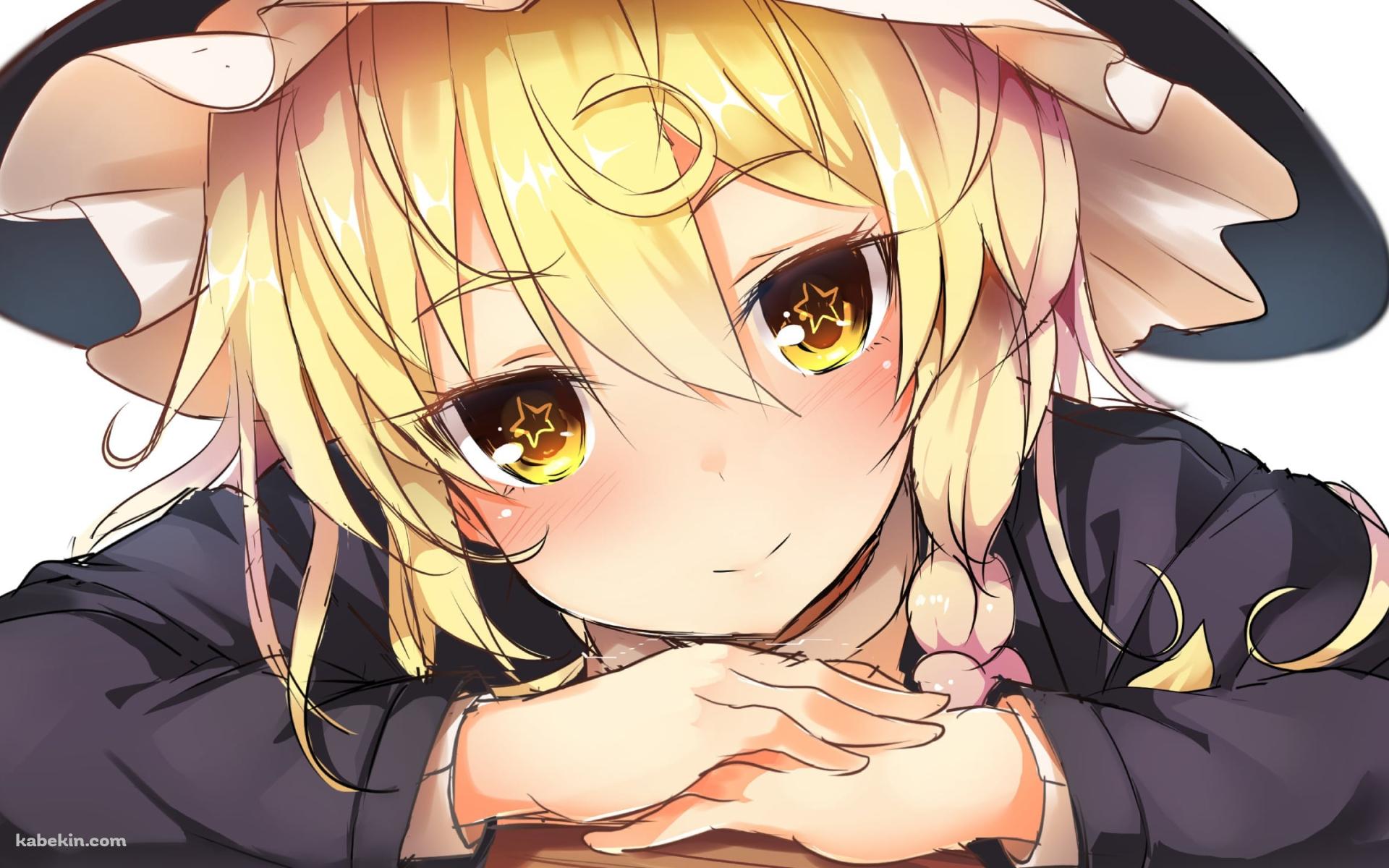 木の机にもたれてこちらを見つめる可愛い霧雨魔理沙 / 東方の壁紙(1920px x 1200px) 高画質 PC・デスクトップ用