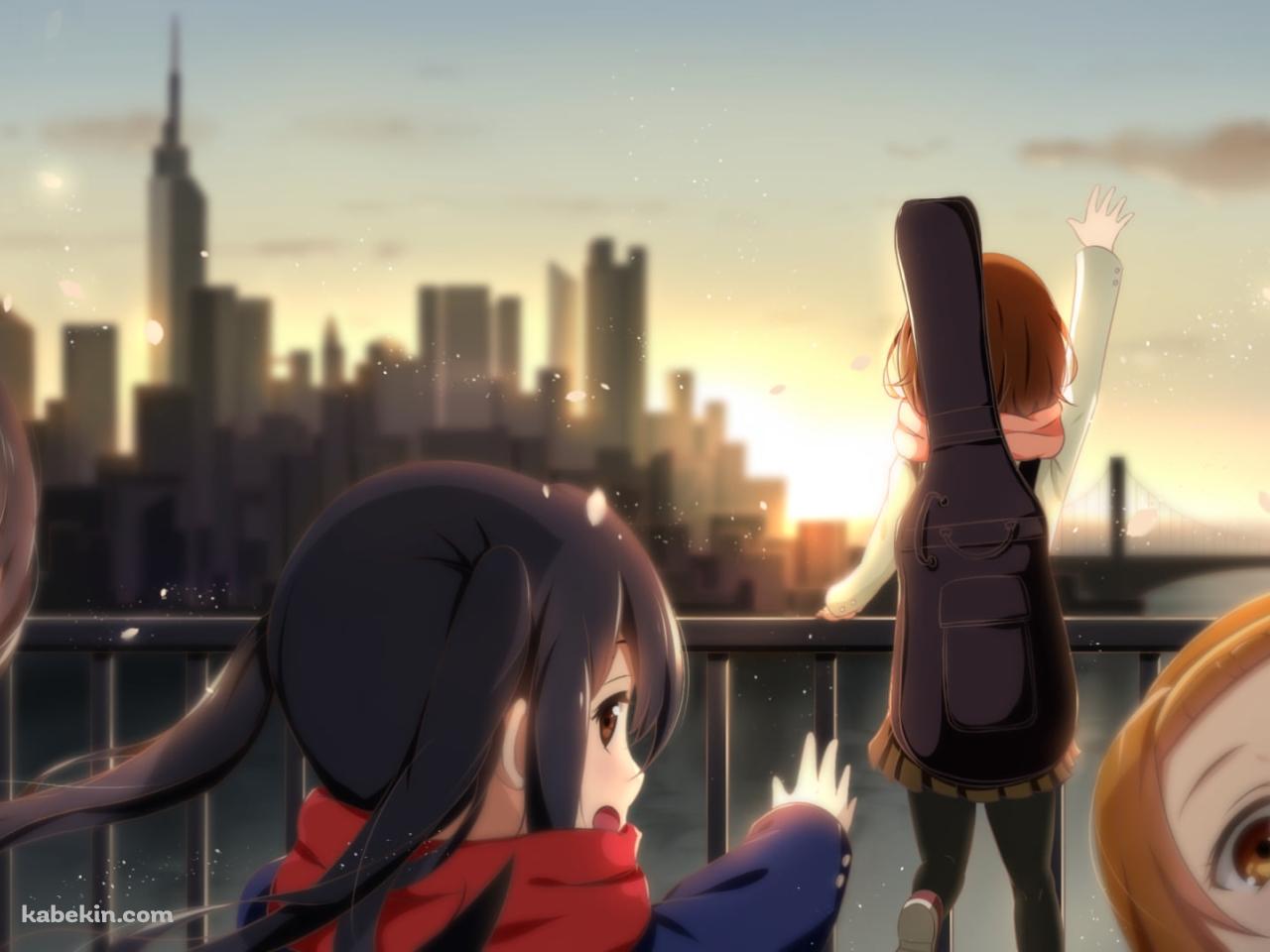 川沿いではしゃぐ秋山澪、平沢唯、中野梓、琴吹紬、田井中律 / けいおん!の壁紙(1280px x 960px) 高画質 PC・デスクトップ用