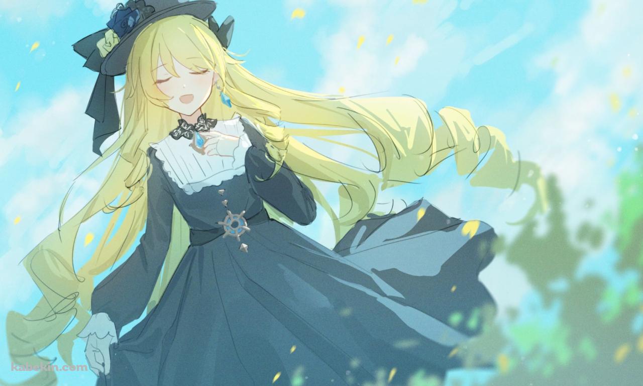 目をつぶって歌を唄うナヴィア / ブロンド / 黒いドレス / 原神の壁紙(1280px x 768px) 高画質 PC・デスクトップ用