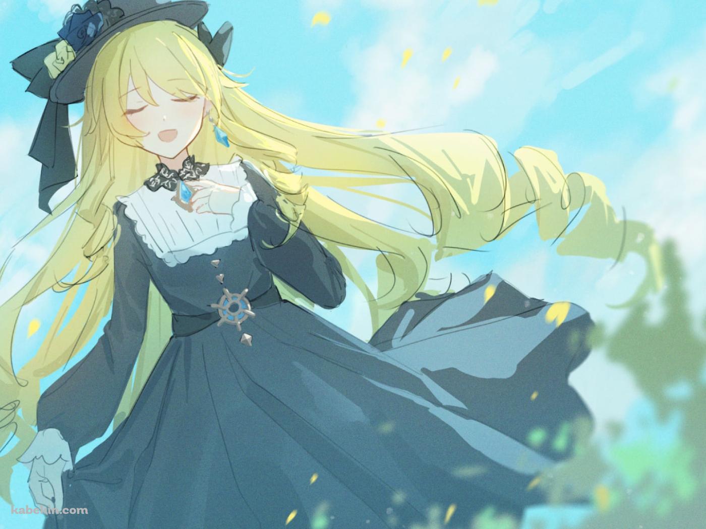 目をつぶって歌を唄うナヴィア / ブロンド / 黒いドレス / 原神の壁紙(1400px x 1050px) 高画質 PC・デスクトップ用