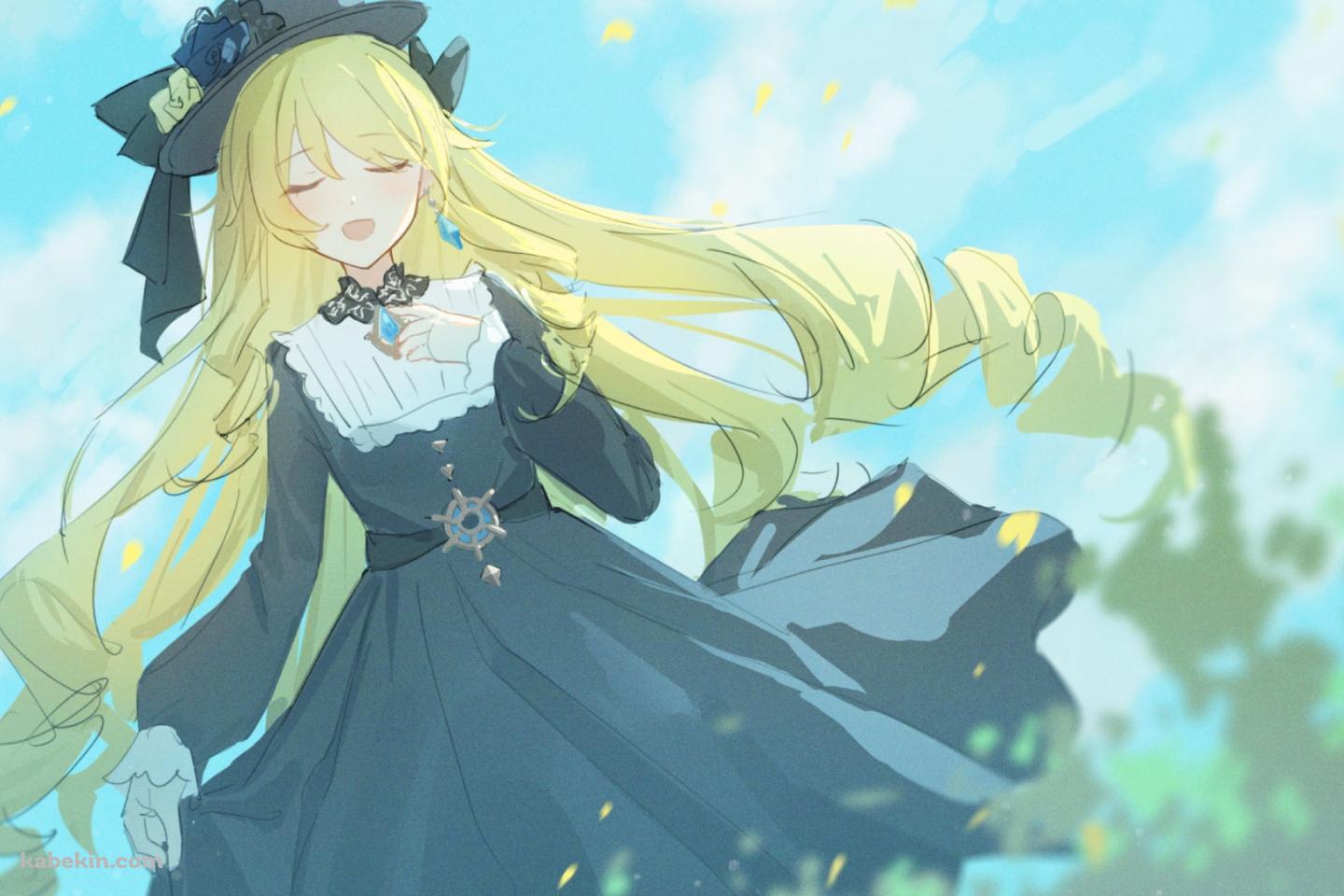 目をつぶって歌を唄うナヴィア / ブロンド / 黒いドレス / 原神の壁紙(1440px x 960px) 高画質 PC・デスクトップ用