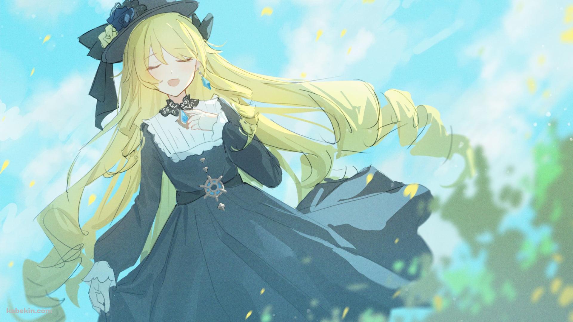 目をつぶって歌を唄うナヴィア / ブロンド / 黒いドレス / 原神の壁紙(1920px x 1080px) 高画質 PC・デスクトップ用