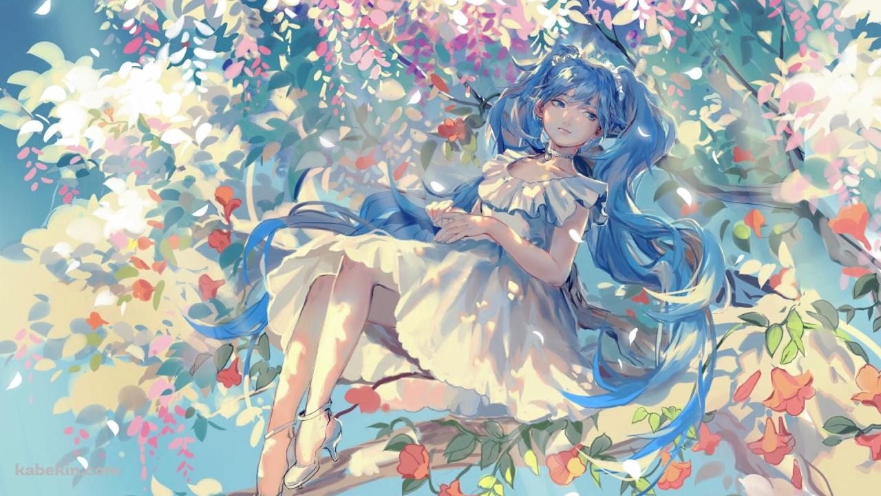 オレンジとピンクの花が咲く木に座る綺麗な初音ミク / ボカロ / ボーカロイドの壁紙(1280px x 720px) 高画質 PC・デスクトップ用