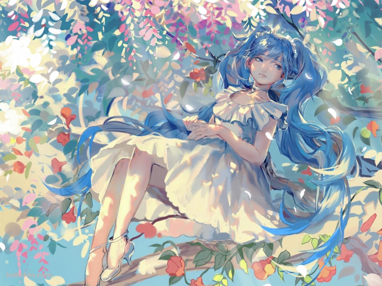オレンジとピンクの花が咲く木に座る綺麗な初音ミク / ボカロ / ボーカロイドの壁紙(1280px x 960px) 高画質 PC・デスクトップ用