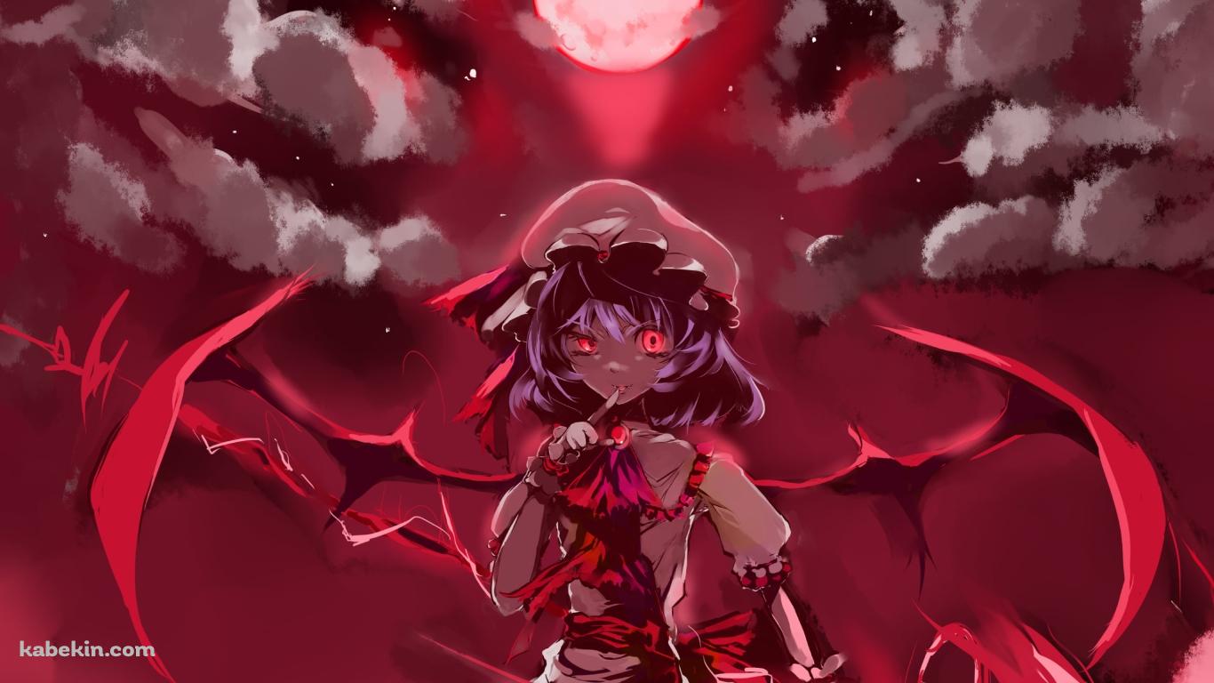 赤い月と右手の指を立てるレミリア・スカーレット / 東方の壁紙(1366px x 768px) 高画質 PC・デスクトップ用