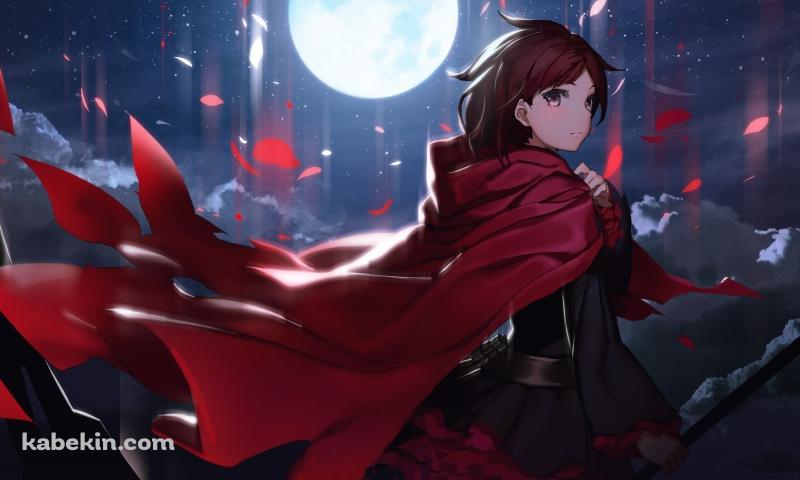 満月と赤い花びらとルビー・ローズ / RWBYの壁紙(800px x 480px) 高画質 PC・デスクトップ用