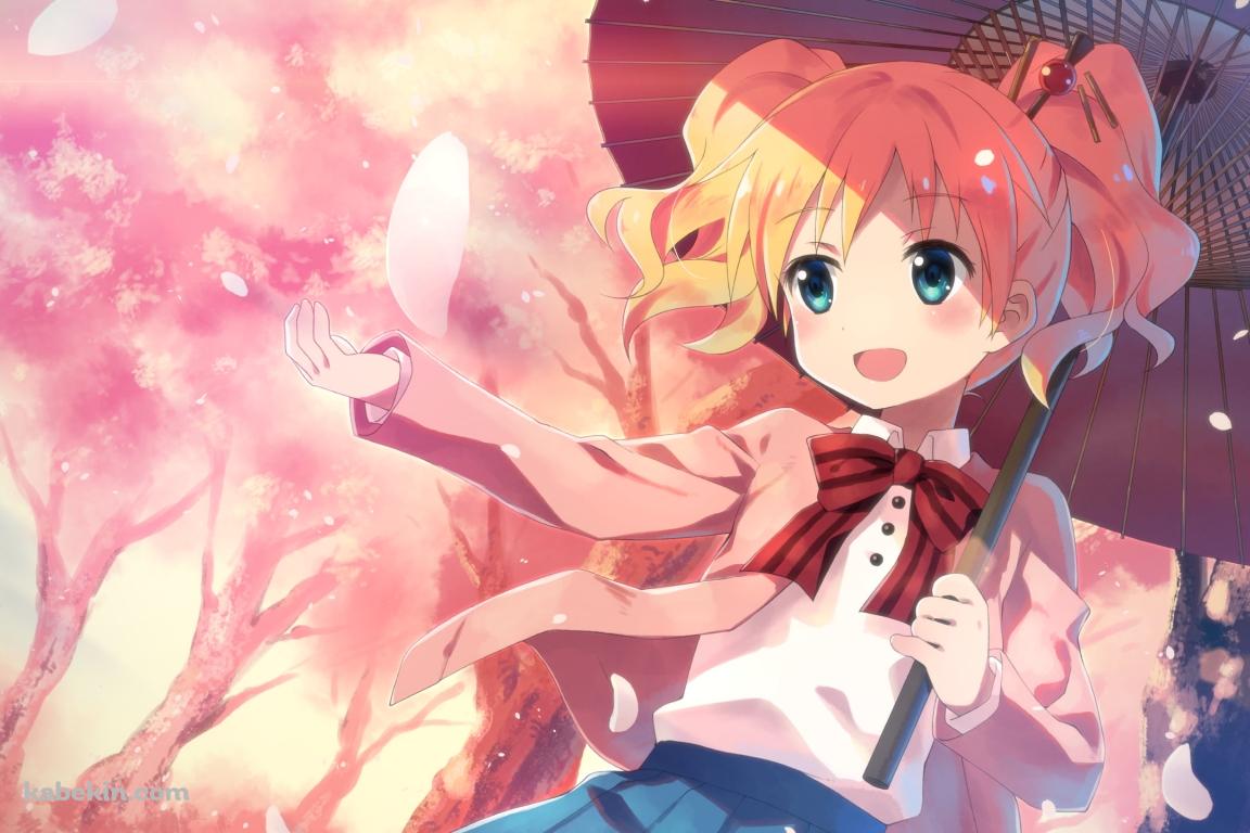 ピンクの花びらに手をかざす可愛いアリス・カータレット / きんいろモザイクの壁紙(1152px x 768px) 高画質 PC・デスクトップ用