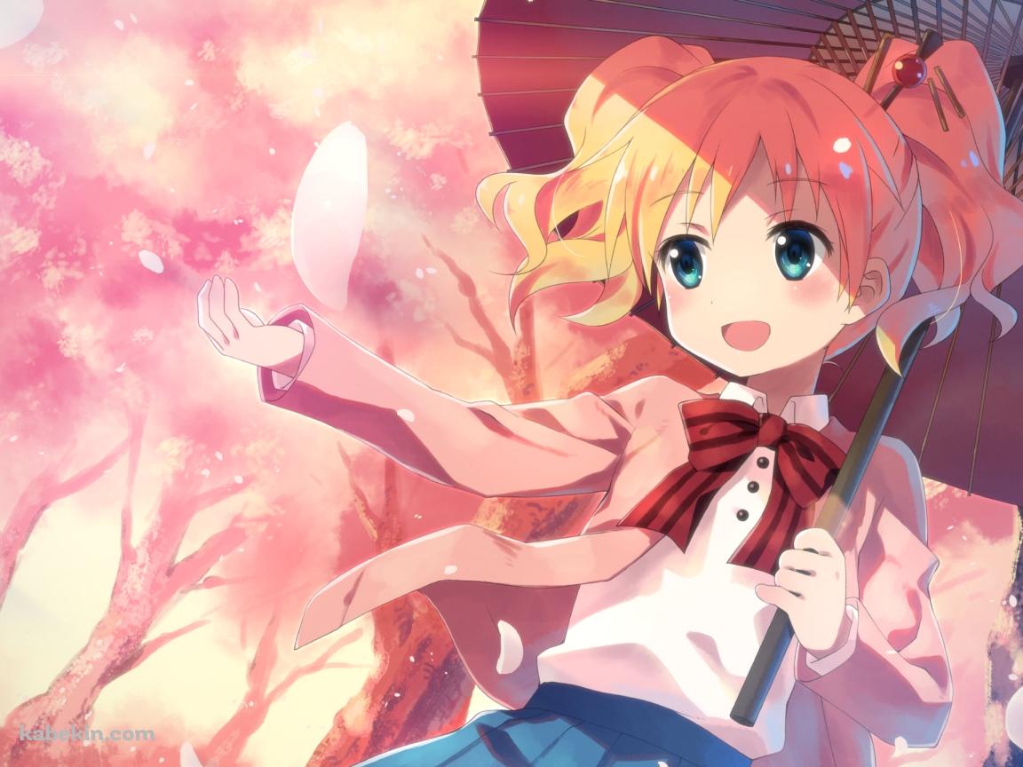 ピンクの花びらに手をかざす可愛いアリス・カータレット / きんいろモザイクの壁紙(1152px x 864px) 高画質 PC・デスクトップ用