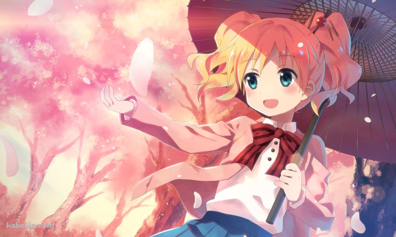 ピンクの花びらに手をかざす可愛いアリス・カータレット / きんいろモザイクの壁紙(1280px x 768px) 高画質 PC・デスクトップ用