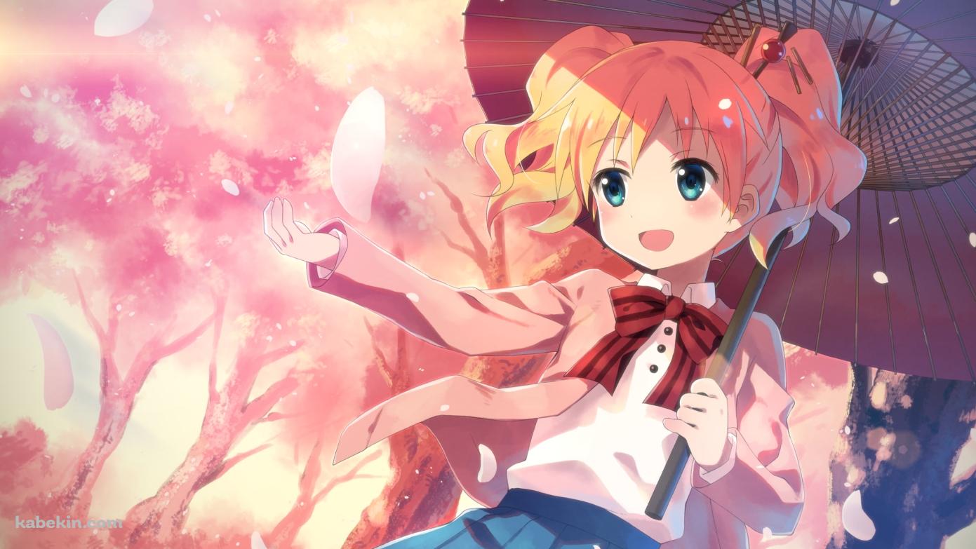 ピンクの花びらに手をかざす可愛いアリス・カータレット / きんいろモザイクの壁紙(1391px x 783px) 高画質 PC・デスクトップ用