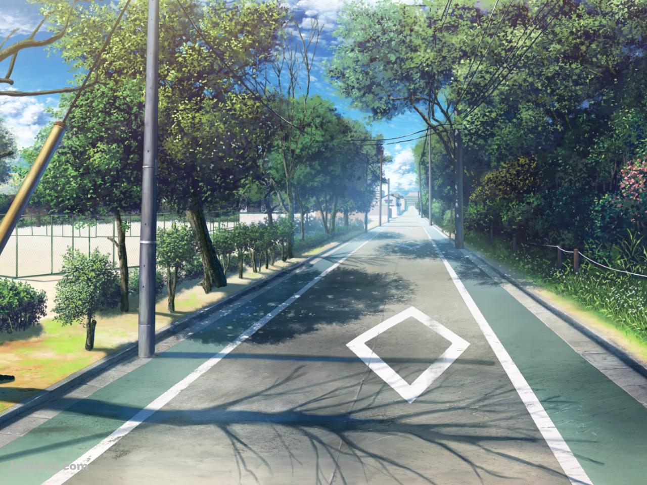 学校の運動場の横の緑豊かな舗装された道路の壁紙(1280px x 960px) 高画質 PC・デスクトップ用