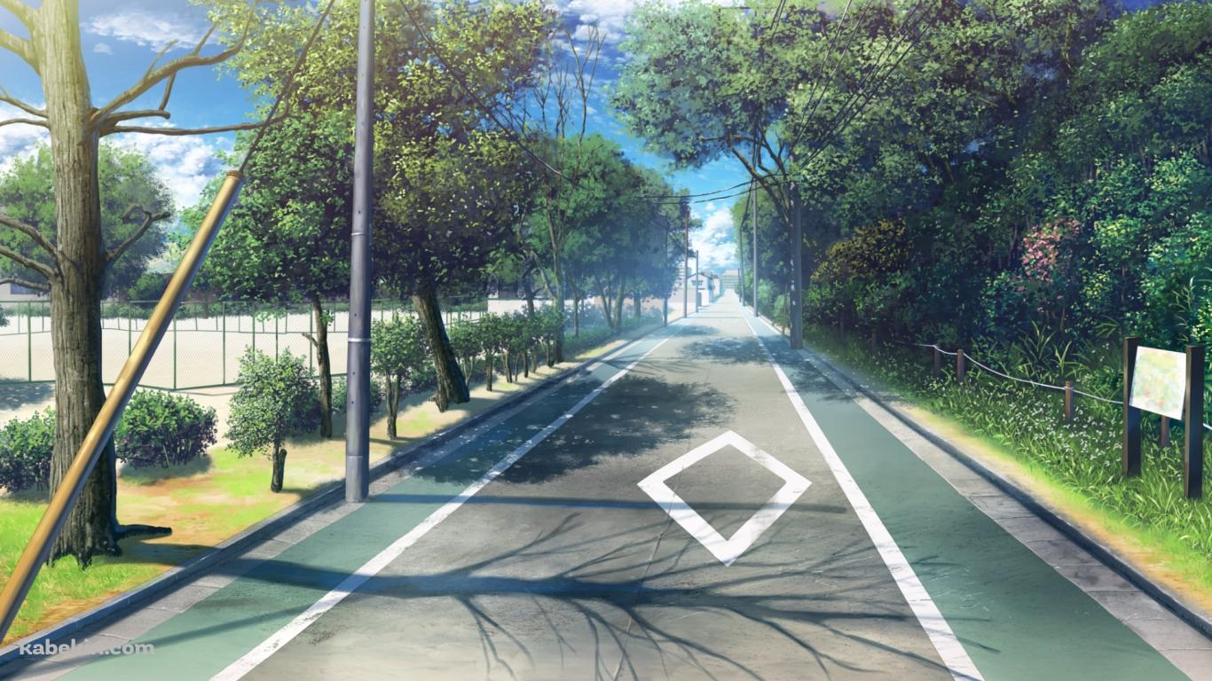 学校の運動場の横の緑豊かな舗装された道路の壁紙(1366px x 768px) 高画質 PC・デスクトップ用