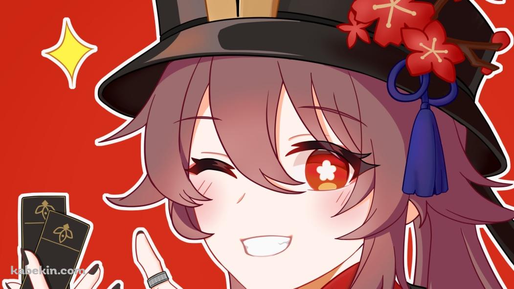 2枚の黒いお札を持ち笑顔の胡桃 / 原神の壁紙(1051px x 591px) 高画質 PC・デスクトップ用