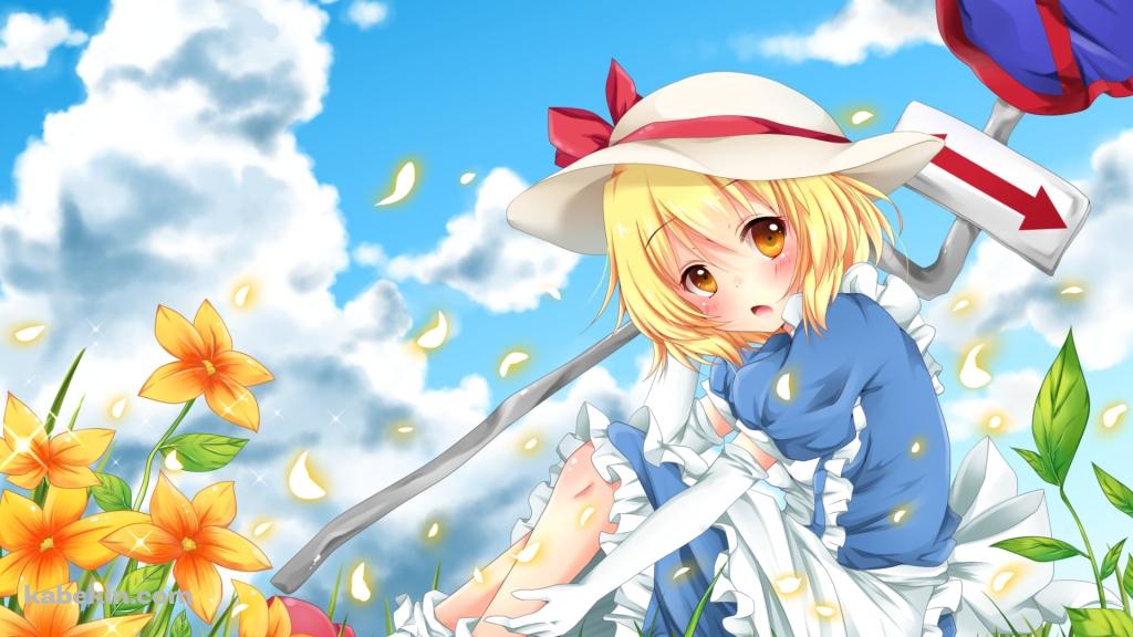 黄色い花が咲く草原に座るカナ・アナベラル / 壊れた標識 / 青空 / 東方夢時空の壁紙(1024px x 576px) 高画質 PC・デスクトップ用