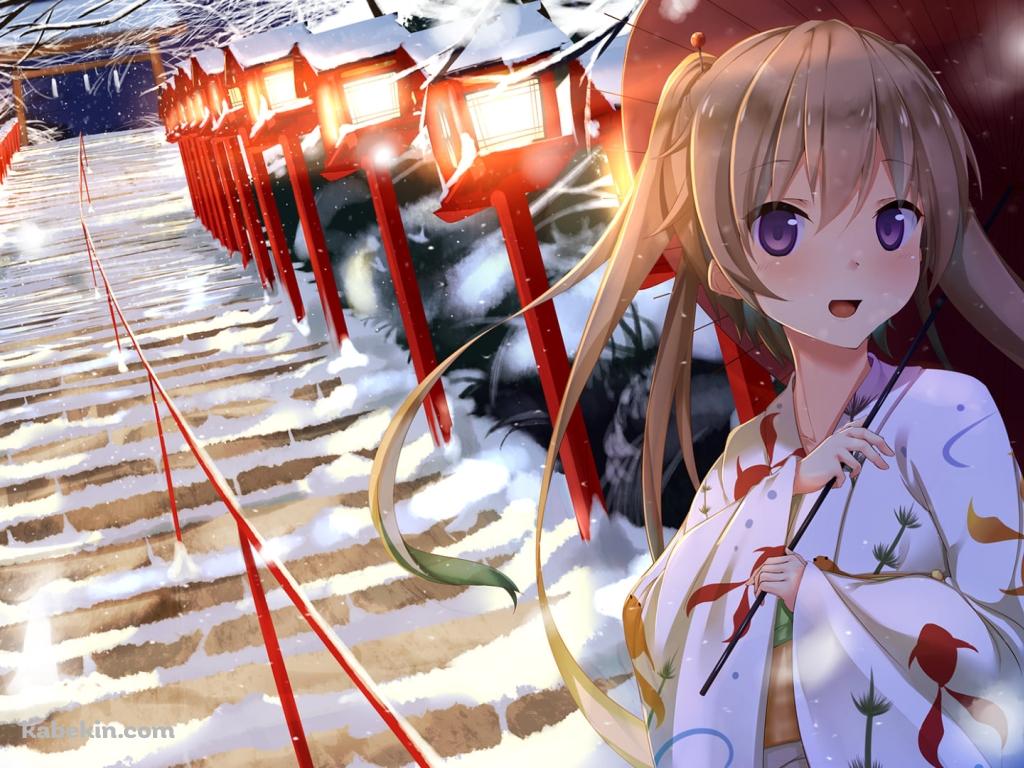 赤い和傘をさした白い浴衣を着た可愛い有坂真白 / 雪景色 / 蒼の彼方のフォーリズムの壁紙(1024px x 768px) 高画質 PC・デスクトップ用
