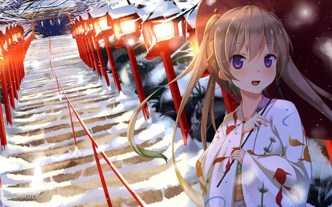 赤い和傘をさした白い浴衣を着た可愛い有坂真白 / 雪景色 / 蒼の彼方のフォーリズムの壁紙(1152px x 720px) 高画質 PC・デスクトップ用