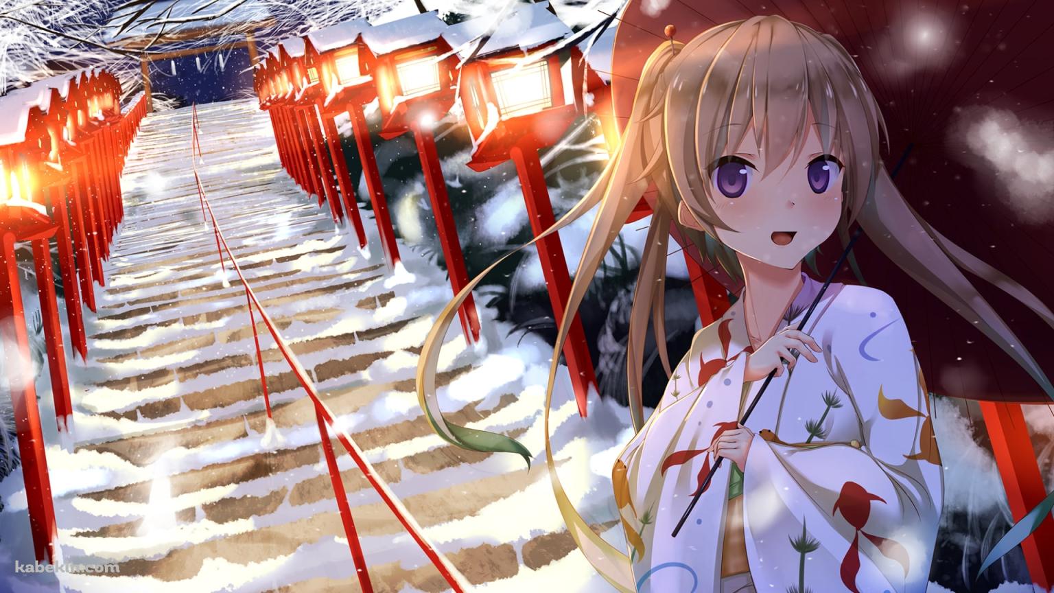 赤い和傘をさした白い浴衣を着た可愛い有坂真白 / 雪景色 / 蒼の彼方のフォーリズムの壁紙(1536px x 864px) 高画質 PC・デスクトップ用