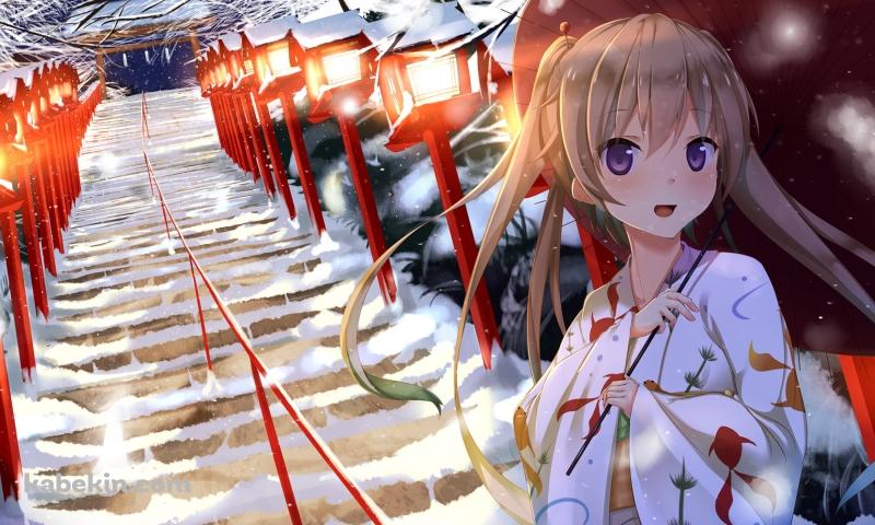 赤い和傘をさした白い浴衣を着た可愛い有坂真白 / 雪景色 / 蒼の彼方のフォーリズムの壁紙(800px x 480px) 高画質 PC・デスクトップ用