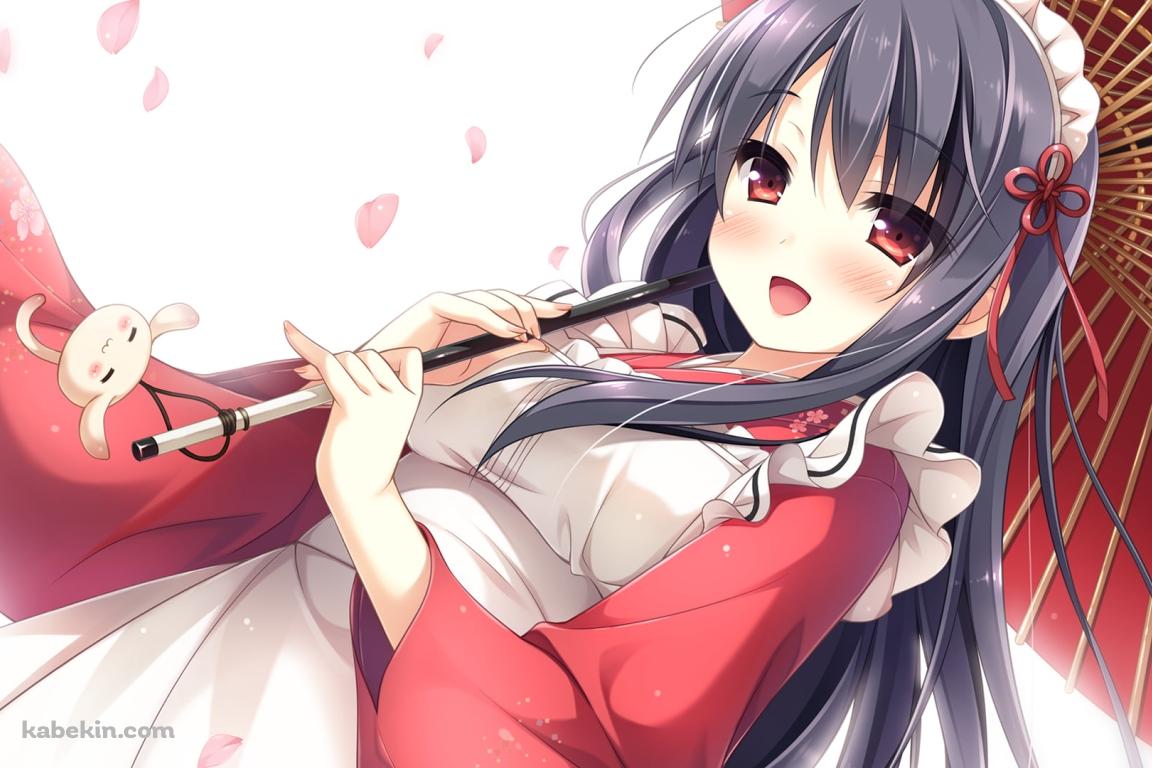 赤い和傘をさす日下 穂積(くさか ほずみ) / 桜の花びら / あま恋シロップスの壁紙(1152px x 768px) 高画質 PC・デスクトップ用