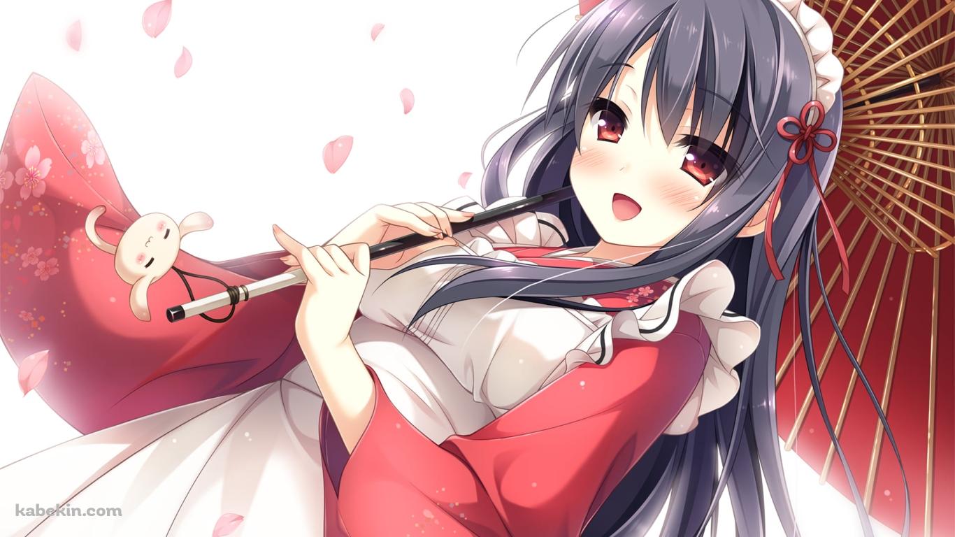 赤い和傘をさす日下 穂積(くさか ほずみ) / 桜の花びら / あま恋シロップスの壁紙(1366px x 768px) 高画質 PC・デスクトップ用