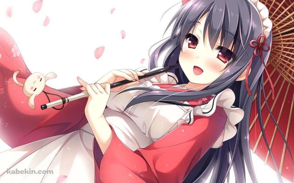 赤い和傘をさす日下 穂積(くさか ほずみ) / 桜の花びら / あま恋シロップスの壁紙(960px x 600px) 高画質 PC・デスクトップ用