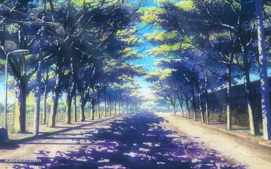 春の並木道 / イラスト / 街灯の壁紙(1152px x 720px) 高画質 PC・デスクトップ用