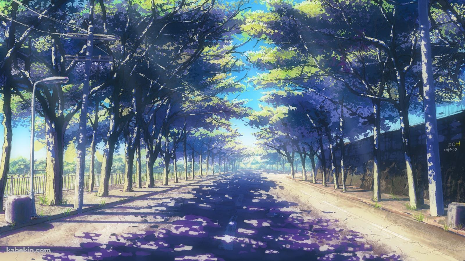 春の並木道 / イラスト / 街灯の壁紙(1600px x 900px) 高画質 PC・デスクトップ用