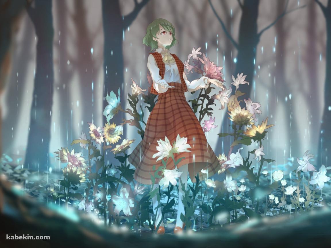 森の中に咲く向日葵と雨に手をかざす風見幽香 / 東方の壁紙(1152px x 864px) 高画質 PC・デスクトップ用