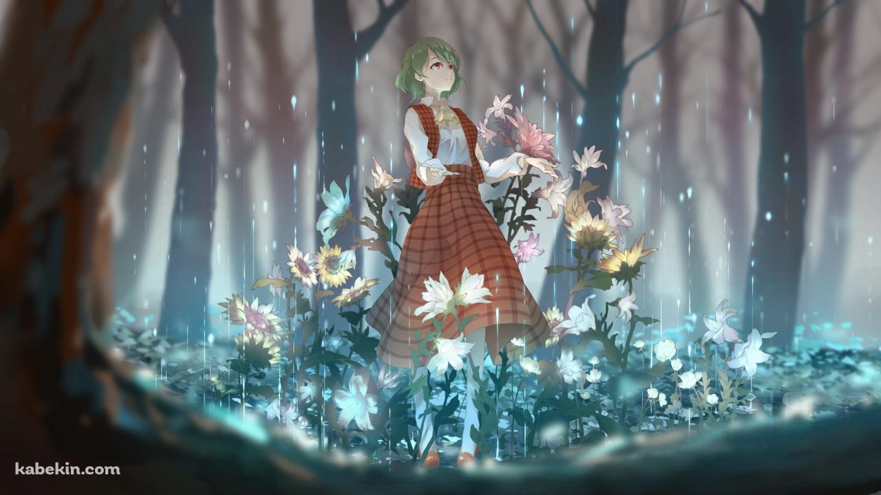 森の中に咲く向日葵と雨に手をかざす風見幽香 / 東方の壁紙(1280px x 720px) 高画質 PC・デスクトップ用