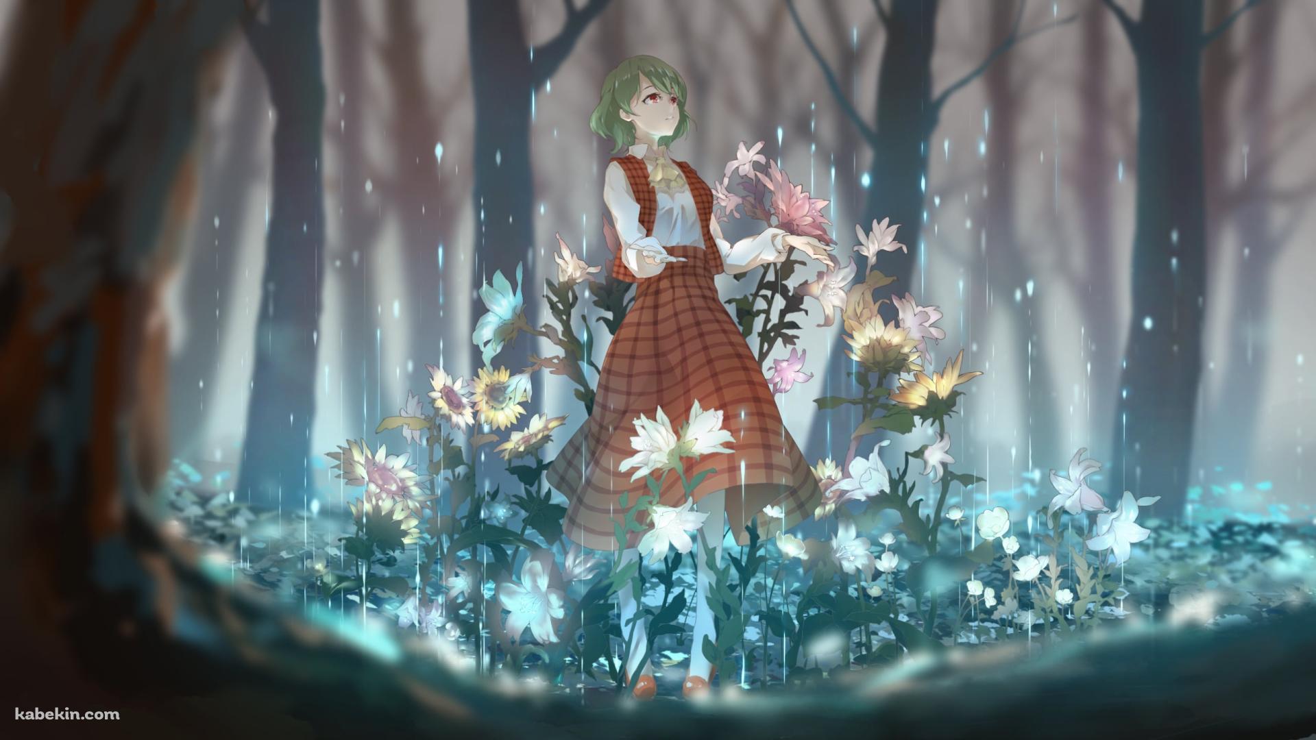 森の中に咲く向日葵と雨に手をかざす風見幽香 / 東方の壁紙(1920px x 1080px) 高画質 PC・デスクトップ用