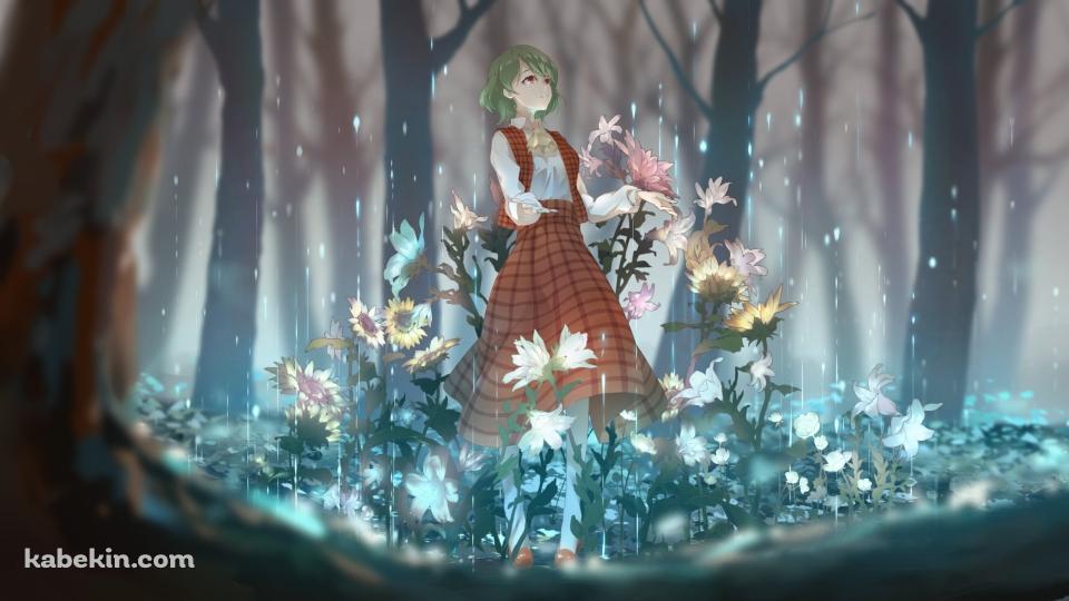 森の中に咲く向日葵と雨に手をかざす風見幽香 / 東方の壁紙(960px x 540px) 高画質 PC・デスクトップ用