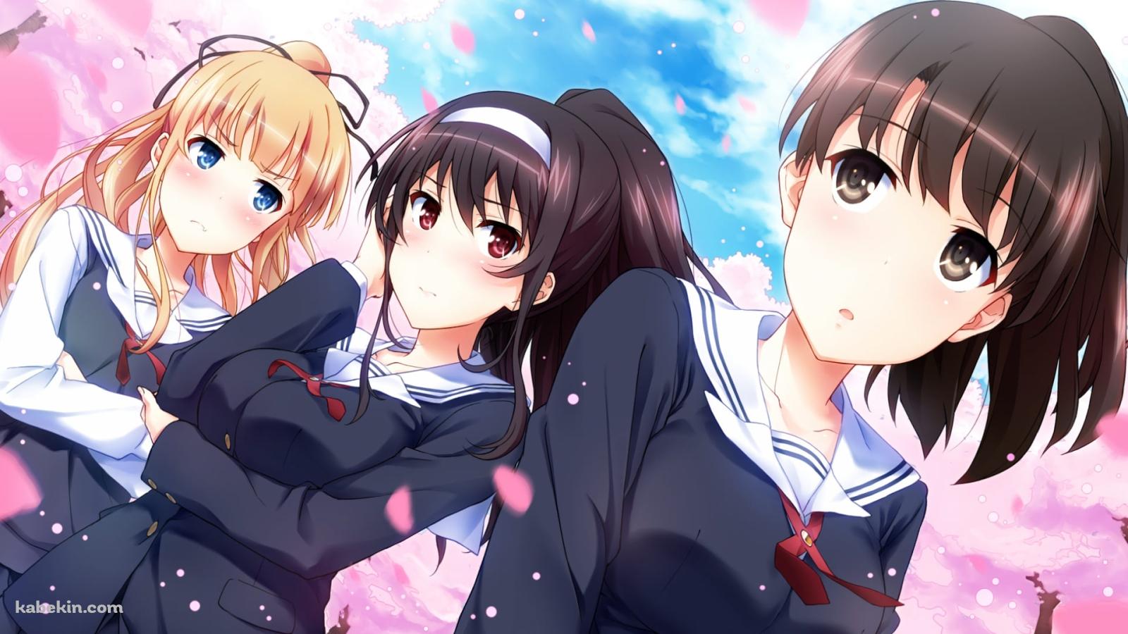 満開の桜とセーラー服を着て立ち並ぶ霞ヶ丘詩羽・加藤恵・澤村・スペンサー・英梨々 / 冴えない彼女の育てかたの壁紙(1600px x 900px) 高画質 PC・デスクトップ用