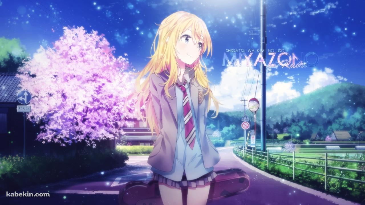 登校中の宮園かをり / 桜 / 青空 / 四月は君の嘘の壁紙(1280px x 720px) 高画質 PC・デスクトップ用