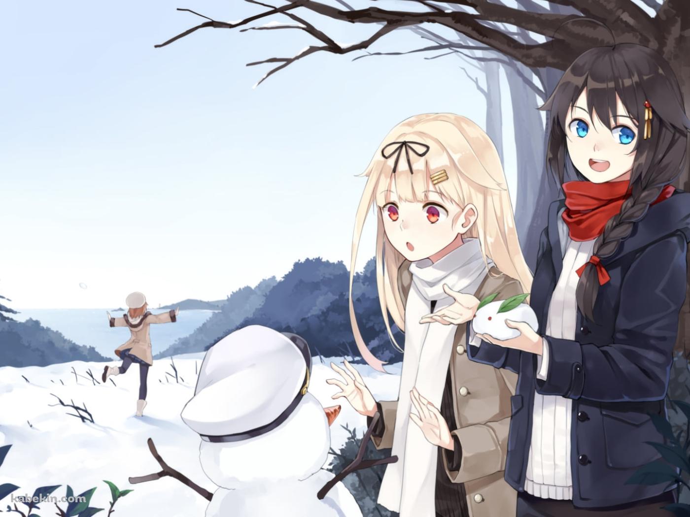 雪の中で遊ぶ時雨、夕立、村雨、白露 / 雪だるま / 雪うさぎ / 艦隊これくしょんの壁紙(1400px x 1050px) 高画質 PC・デスクトップ用