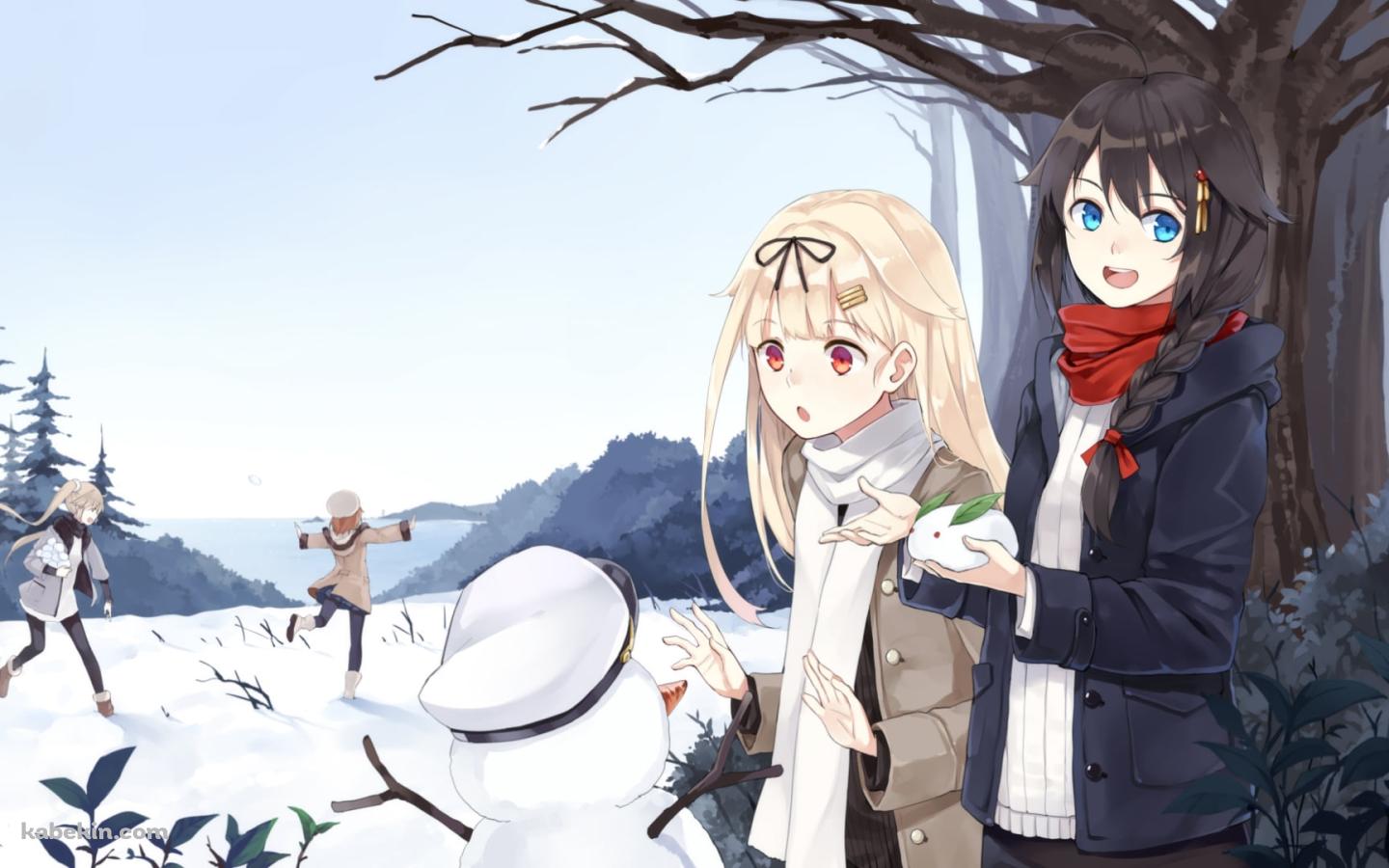 雪の中で遊ぶ時雨、夕立、村雨、白露 / 雪だるま / 雪うさぎ / 艦隊これくしょんの壁紙(1440px x 900px) 高画質 PC・デスクトップ用