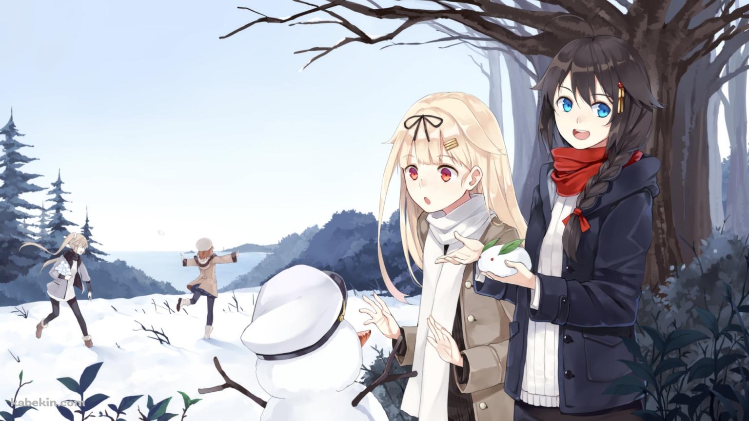 雪の中で遊ぶ時雨、夕立、村雨、白露 / 雪だるま / 雪うさぎ / 艦隊これくしょんの壁紙(1536px x 864px) 高画質 PC・デスクトップ用