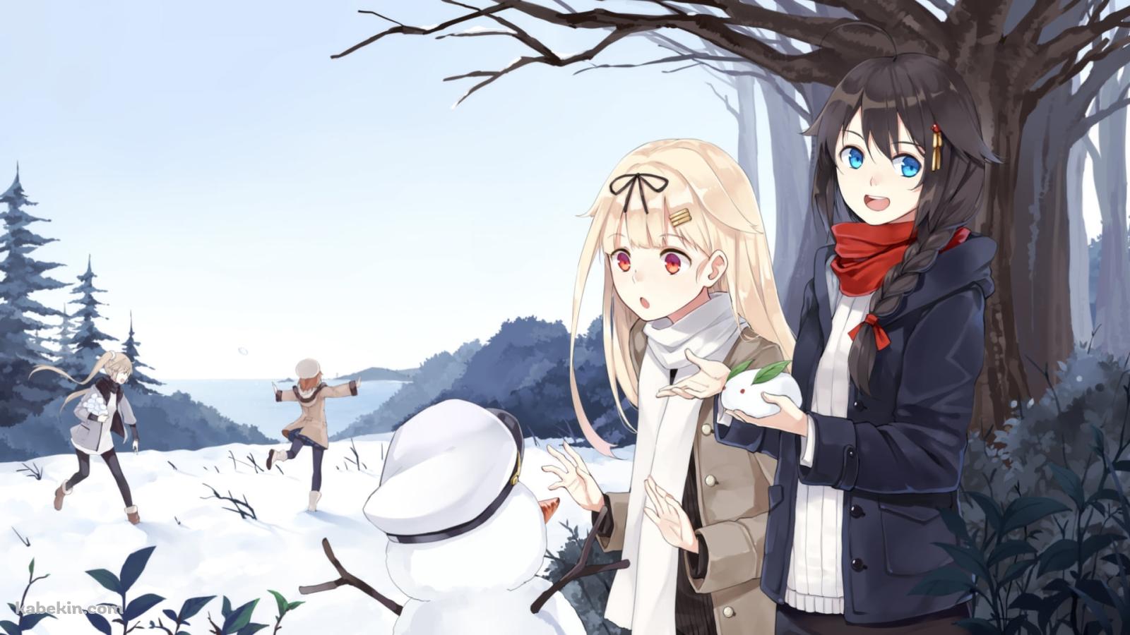 雪の中で遊ぶ時雨、夕立、村雨、白露 / 雪だるま / 雪うさぎ / 艦隊これくしょんの壁紙(1600px x 900px) 高画質 PC・デスクトップ用